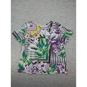 CJ Banks Shirt Womens 2X Purple Green Floral Geometric Tropical Palm Leaf Travel